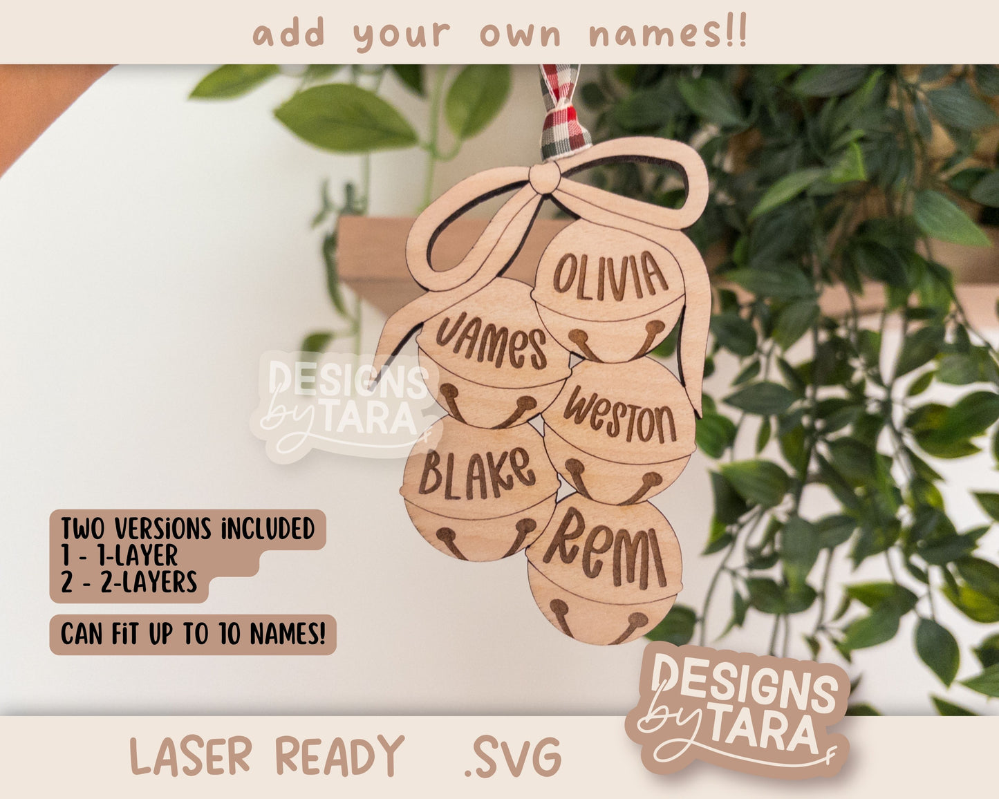 Family Christmas Bells Names Sign SVG | Laser Cut Holiday Name Tag File | Glowforge xTool DIY Gift 2025 Digital File