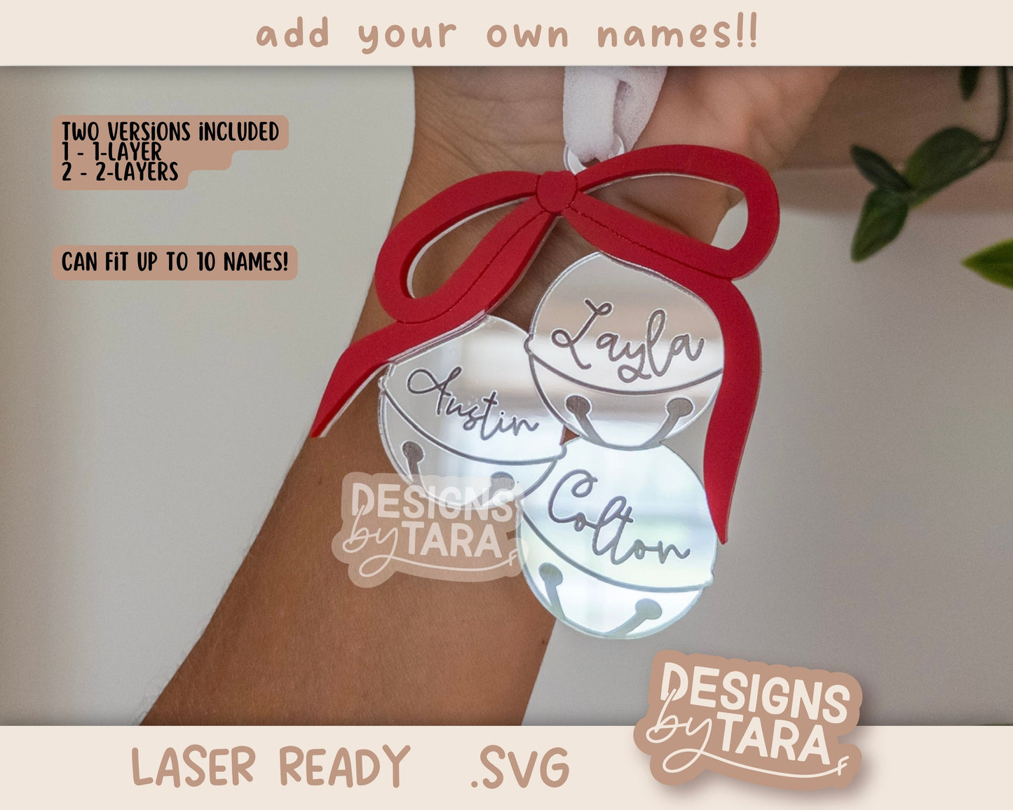 Family Christmas Bells Names Sign SVG | Laser Cut Holiday Name Tag File | Glowforge xTool DIY Gift 2025 Digital File