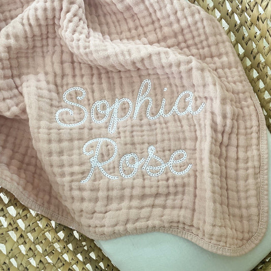 Custom Name Embroidered Baby Blanket - Cotton Muslin Name Baby Blanket