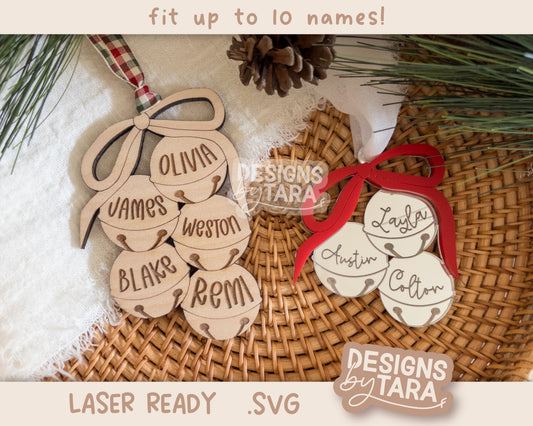 Family Christmas Bells Names Sign SVG | Laser Cut Holiday Name Tag File | Glowforge xTool DIY Gift 2025 Digital File