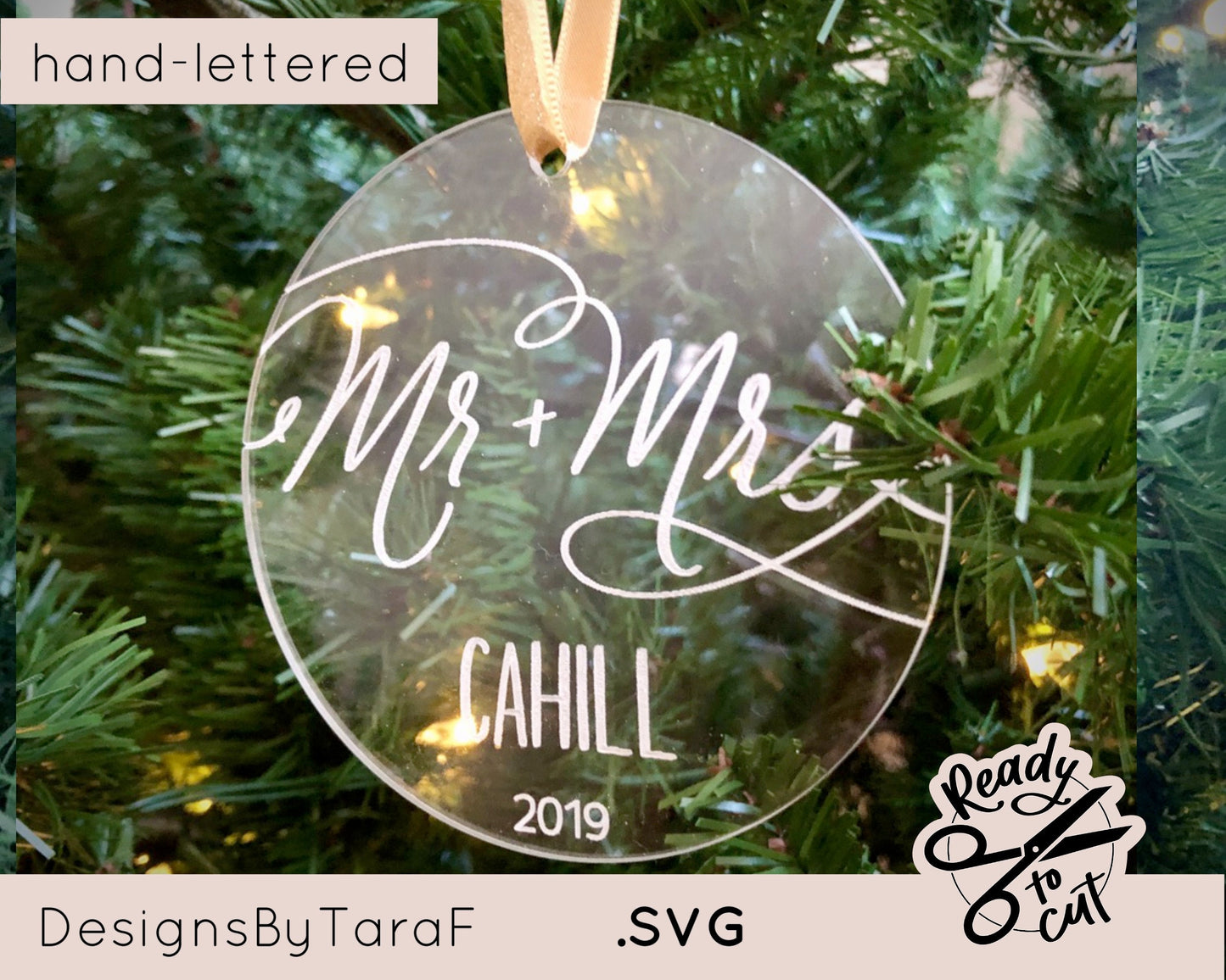 mr and mrs Christmas ornament wedding engagement couple SVG - glowforge, commercial cut file, hand lettered, instant download, laser ready