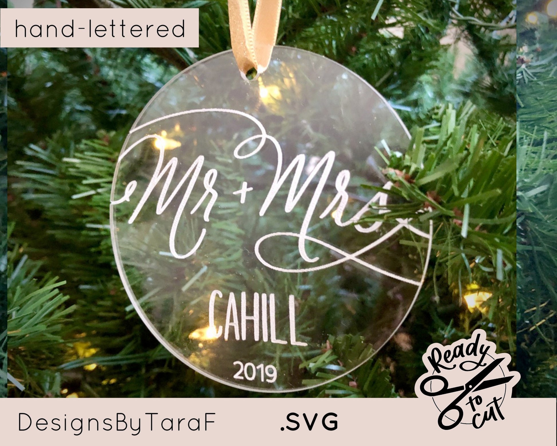mr and mrs Christmas ornament wedding engagement couple SVG - glowforge, commercial cut file, hand lettered, instant download, laser ready
