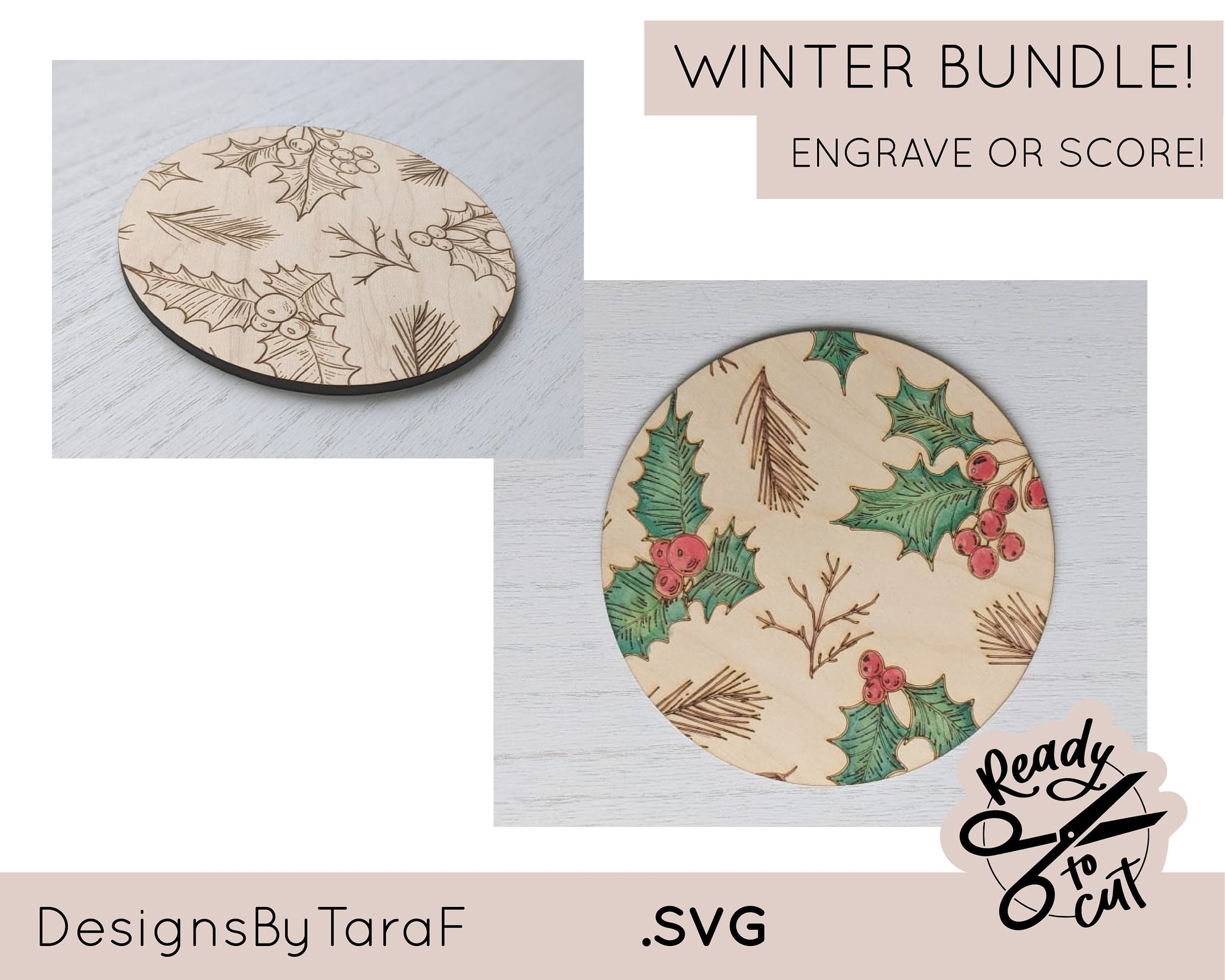 WINTER BUNDLE christmas holly pine leaves floral SVG, glowforge file, laser cut files, glowforge svg, laser file, svg file