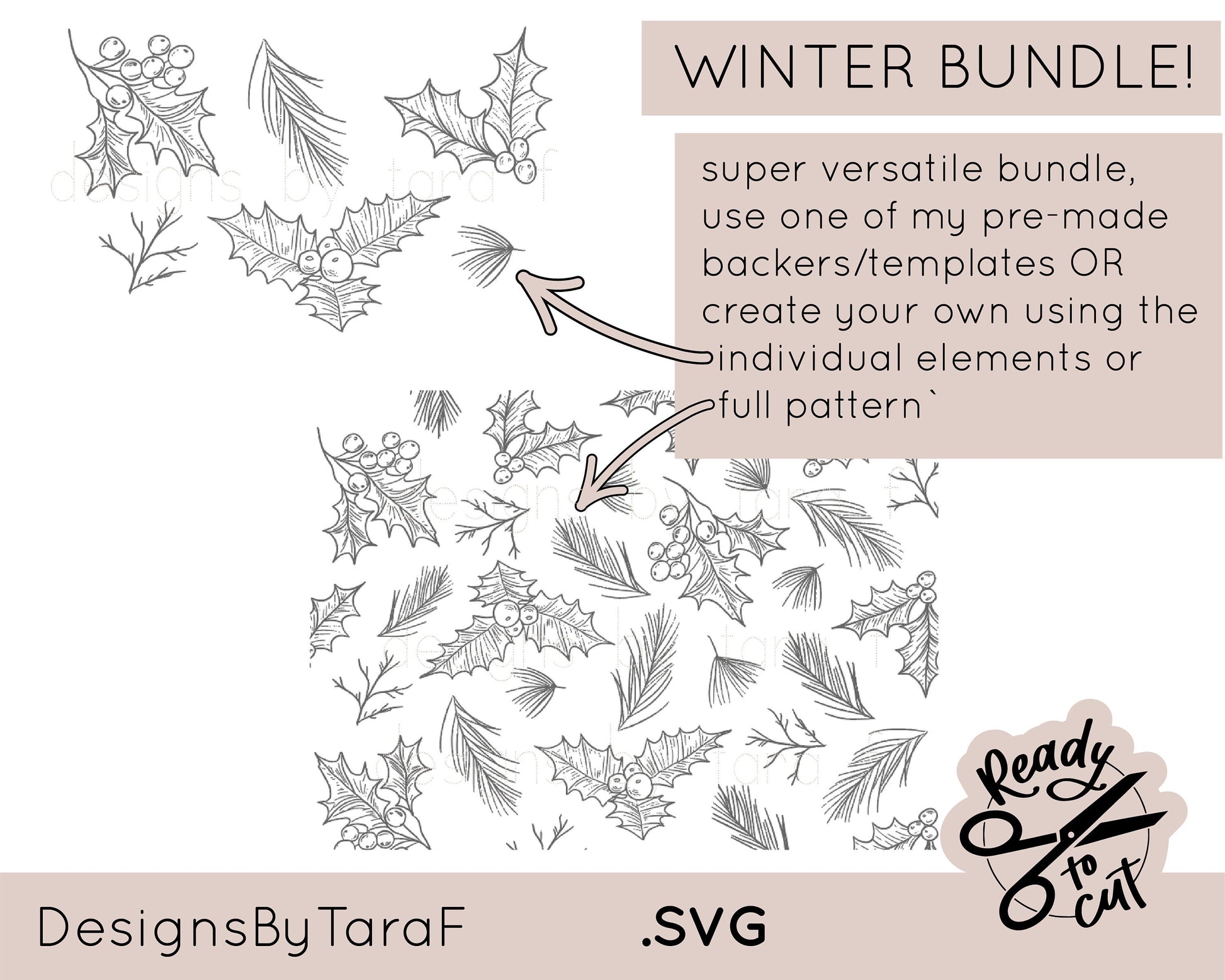 WINTER BUNDLE christmas holly pine leaves floral SVG, glowforge file, laser cut files, glowforge svg, laser file, svg file