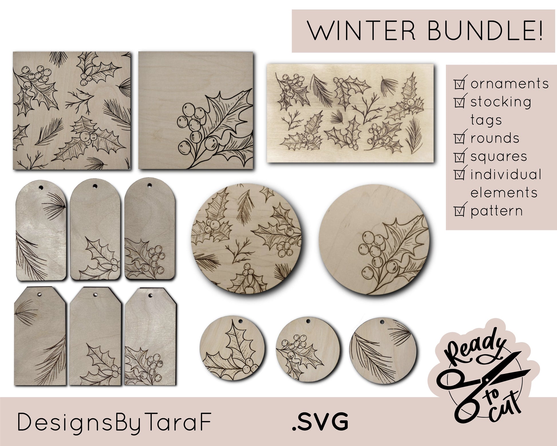 WINTER BUNDLE christmas holly pine leaves floral SVG, glowforge file, laser cut files, glowforge svg, laser file, svg file