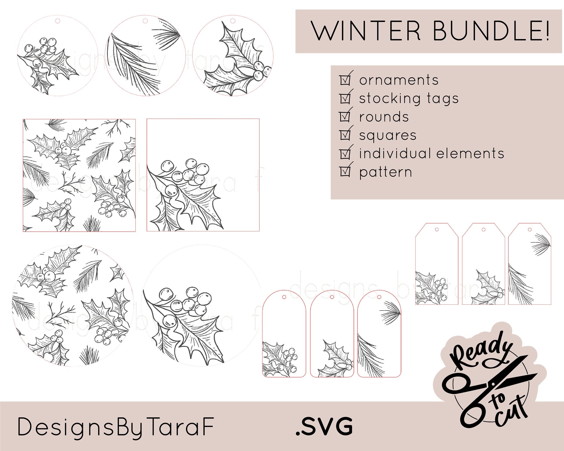 WINTER BUNDLE christmas holly pine leaves floral SVG, glowforge file, laser cut files, glowforge svg, laser file, svg file