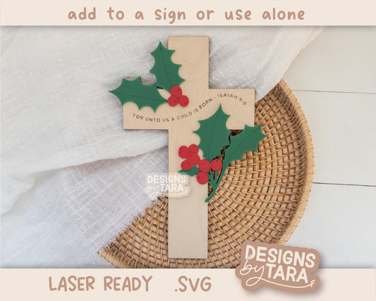 SVG cross christmas religious holy holly leaf laser file Christmas laser, glowforge laser Christmas svg