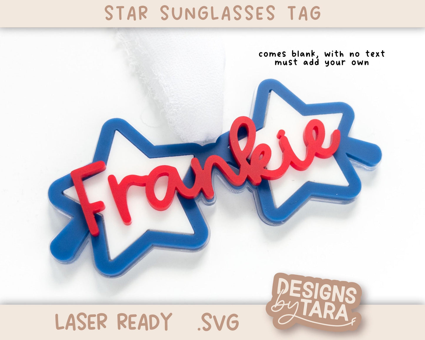 4th of July Star Sunglasses Name Tag SVG | Patriotic Keychain Laser Name Ornament for Glowforge xTool | Bag Tag Digital File