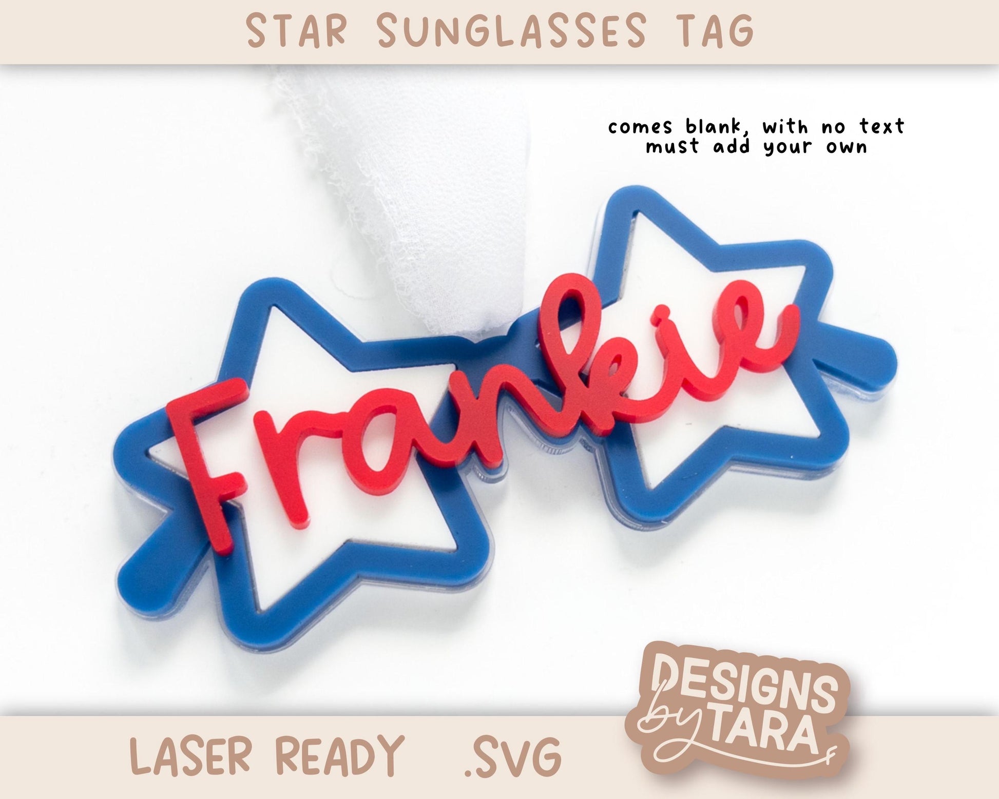 4th of July Star Sunglasses Name Tag SVG | Patriotic Keychain Laser Name Ornament for Glowforge xTool | Bag Tag Digital File