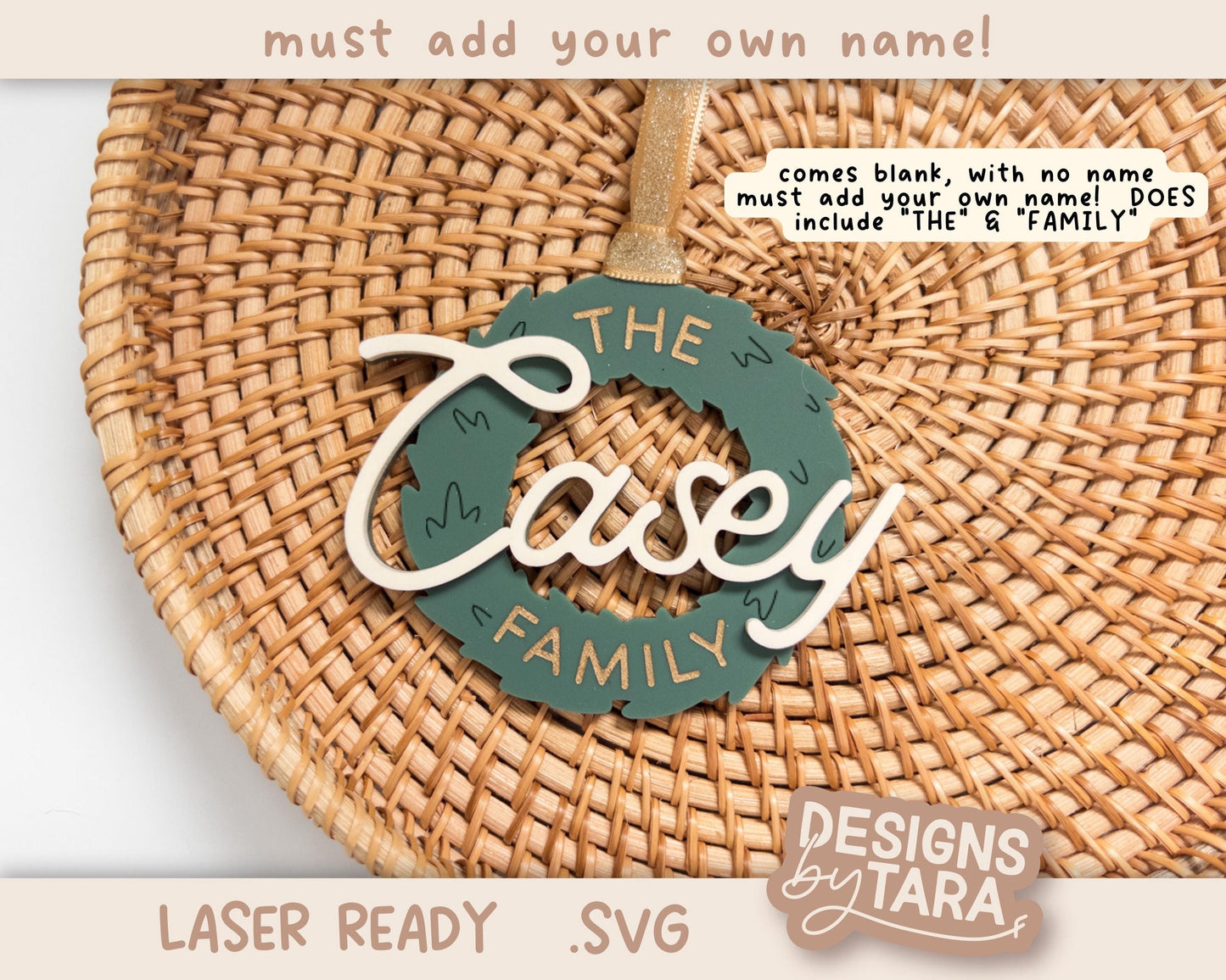 Family Wreath Christmas Ornament SVG | Laser Cut Holiday Name Tag File | Glowforge xTool DIY Gift 2025 Digital File