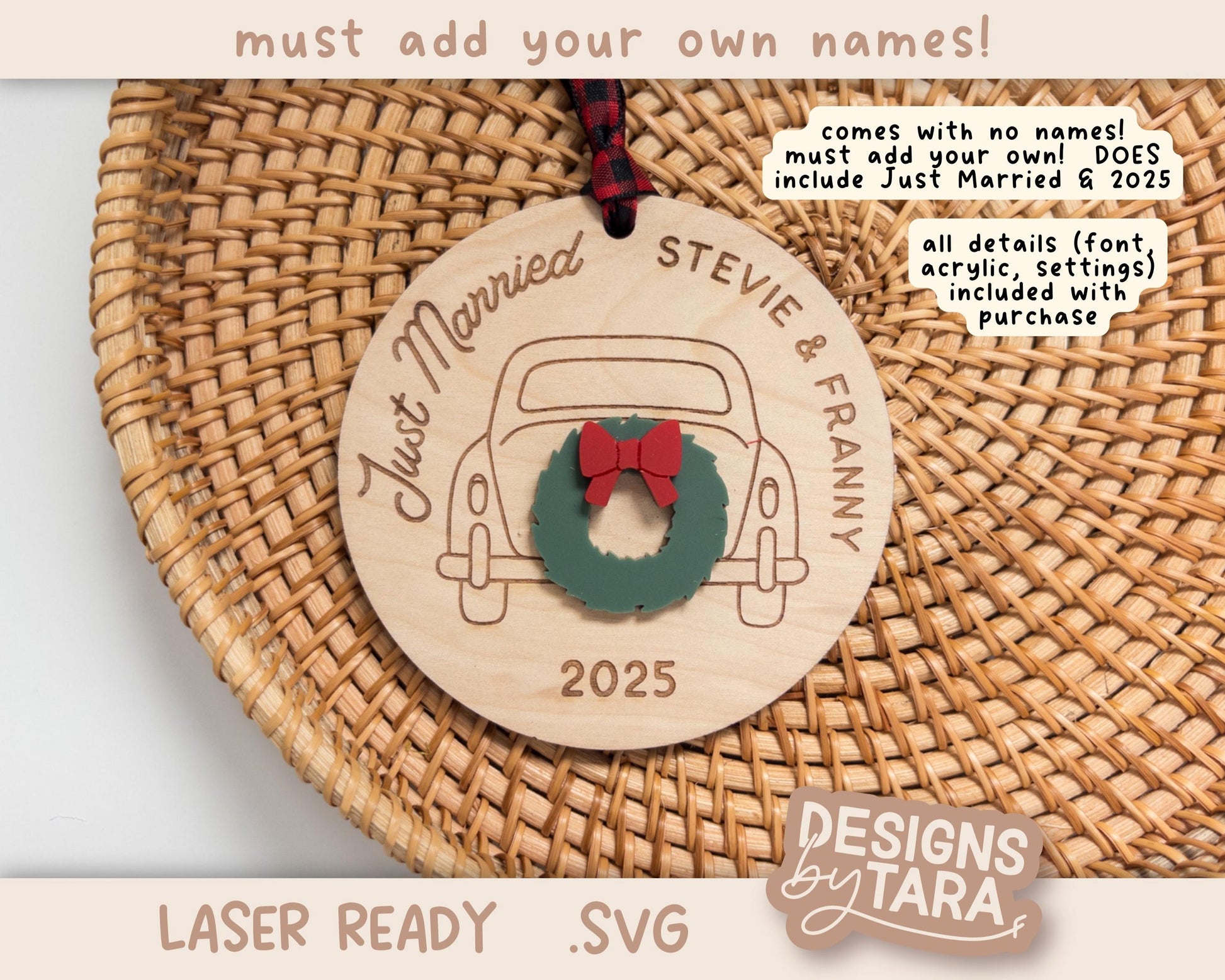 Just Married Car Christmas Ornament SVG | Laser Cut Holiday Name Tag File | Glowforge xTool DIY Gift 2025 Digital File