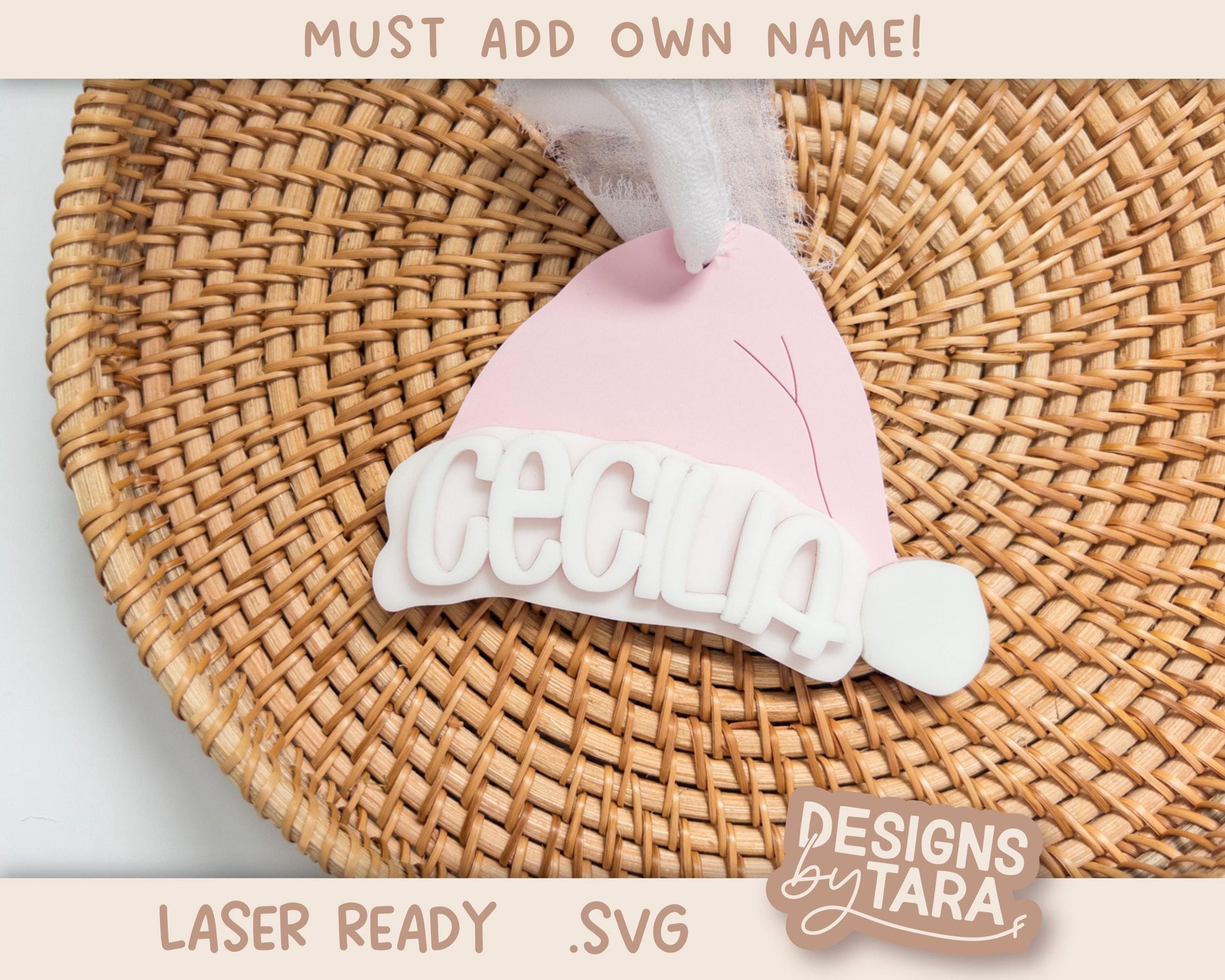 Santa Hat Christmas Ornament SVG | Laser Cut Holiday Name Tag File | Glowforge xTool DIY Gift 2025 Digital File