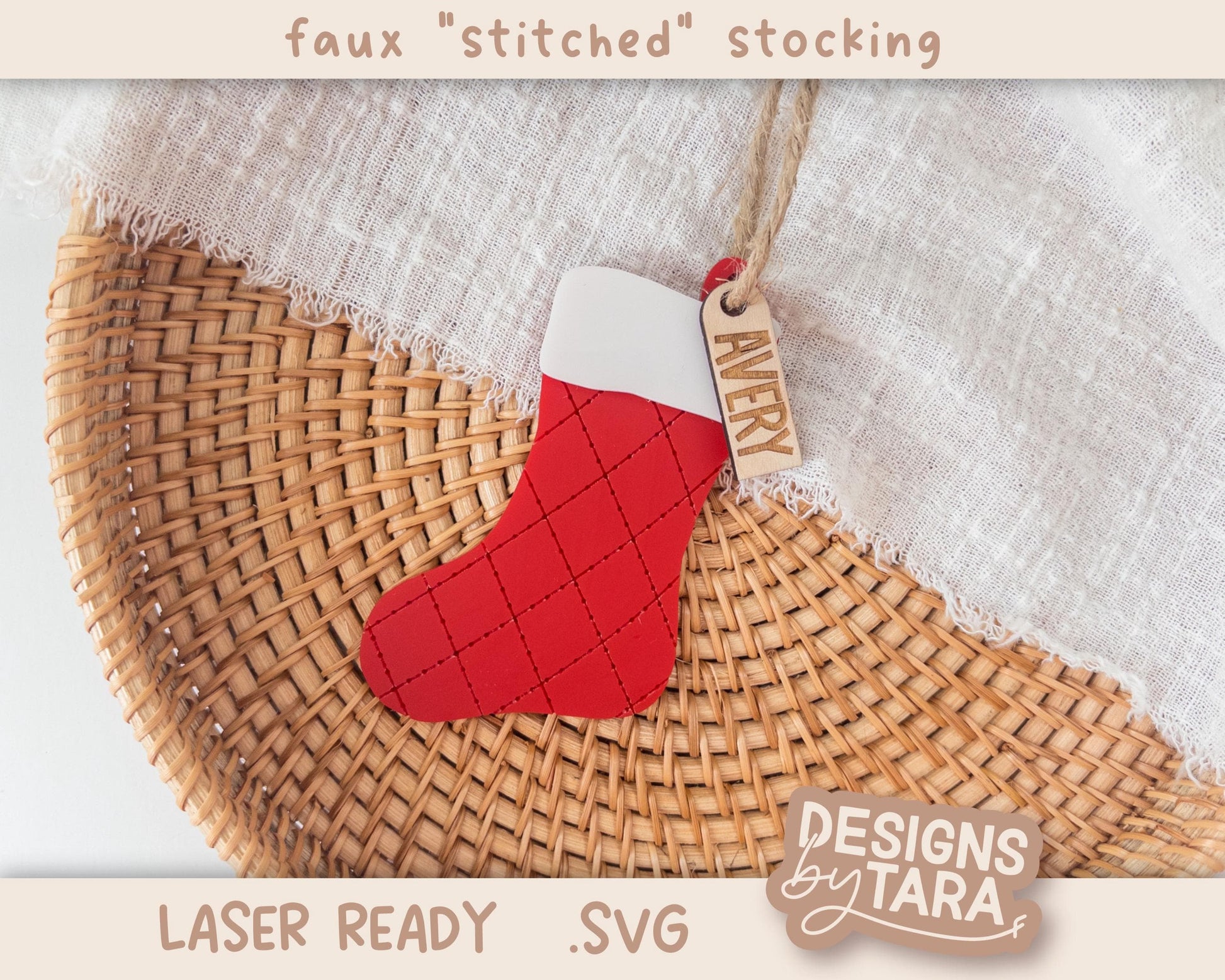 Faux Stitch Stocking Christmas Ornament SVG | Laser Cut Holiday Name Tag File | Glowforge xTool DIY Gift 2025 Digital File