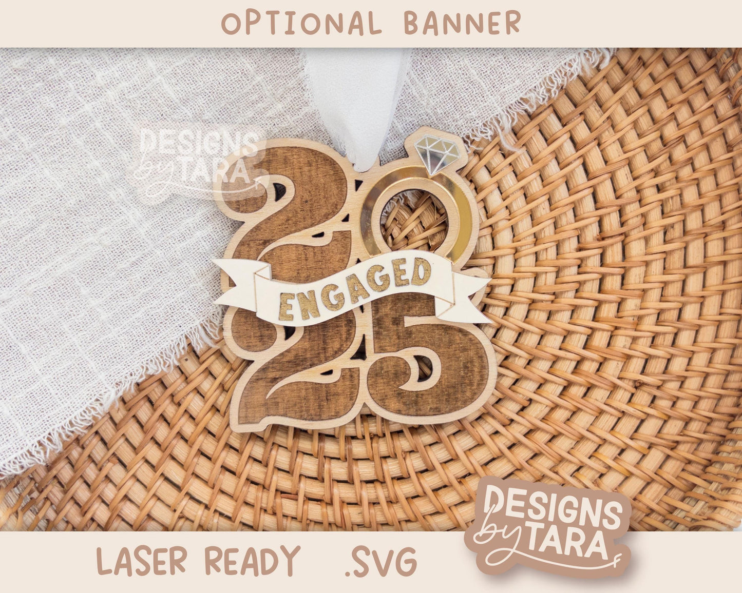 Engaged Married Christmas Wreath Ornament SVG | Laser Cut Holiday Name Tag File | Glowforge xTool DIY Gift 2025 Digital File