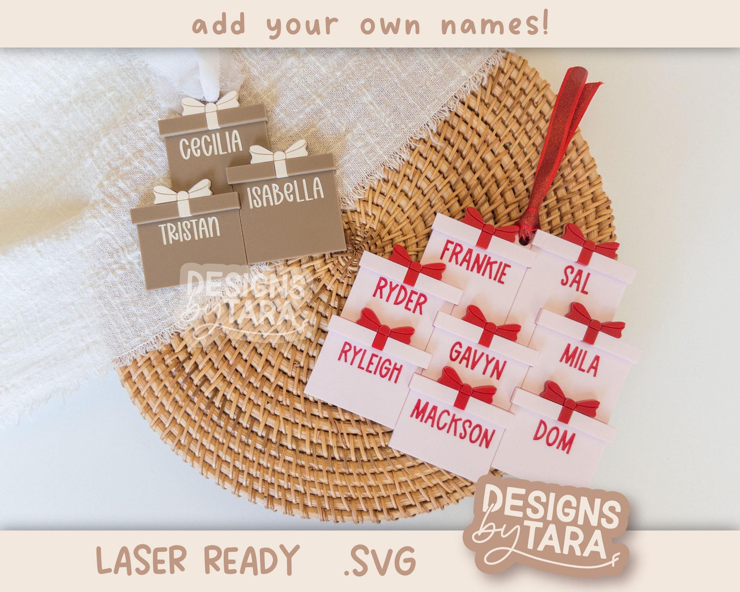 Family Christmas Present Ornament SVG | Laser Cut Holiday Name Tag File | Glowforge xTool DIY Gift 2025 Digital File