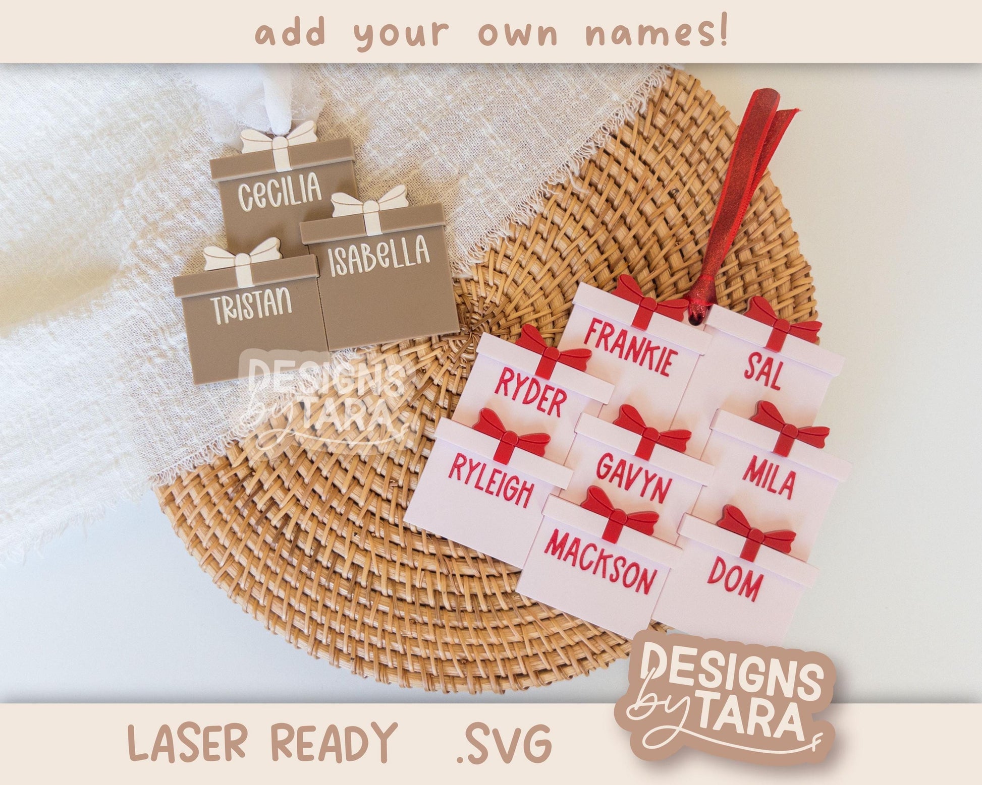 Family Christmas Present Ornament SVG | Laser Cut Holiday Name Tag File | Glowforge xTool DIY Gift 2025 Digital File