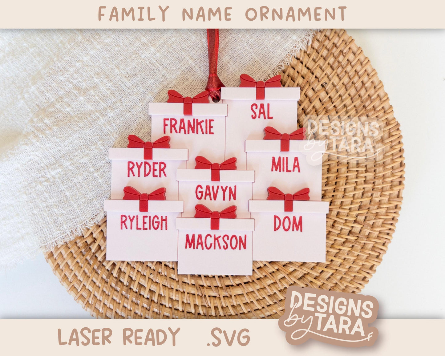 Family Christmas Present Ornament SVG | Laser Cut Holiday Name Tag File | Glowforge xTool DIY Gift 2025 Digital File