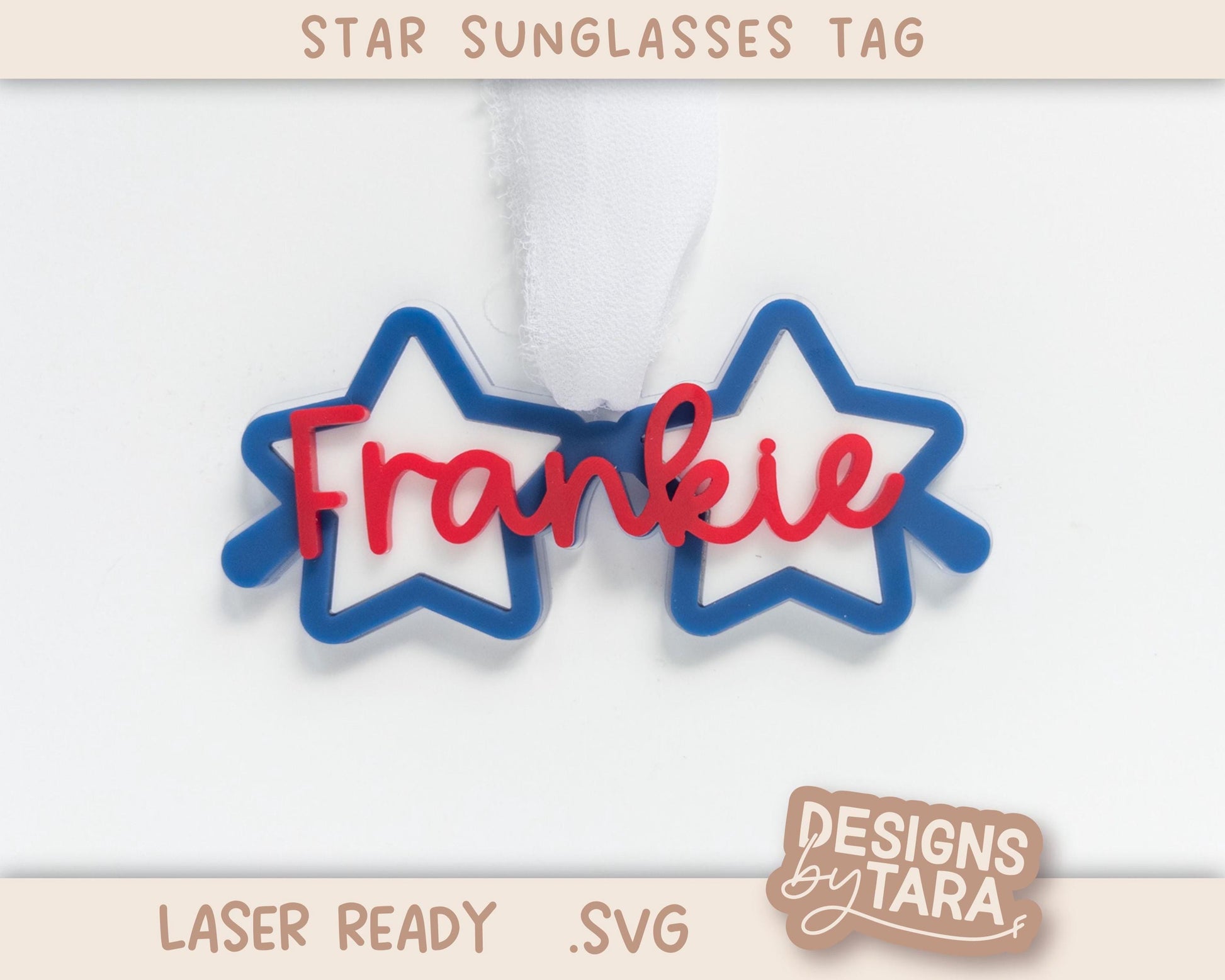 4th of July Star Sunglasses Name Tag SVG | Patriotic Keychain Laser Name Ornament for Glowforge xTool | Bag Tag Digital File