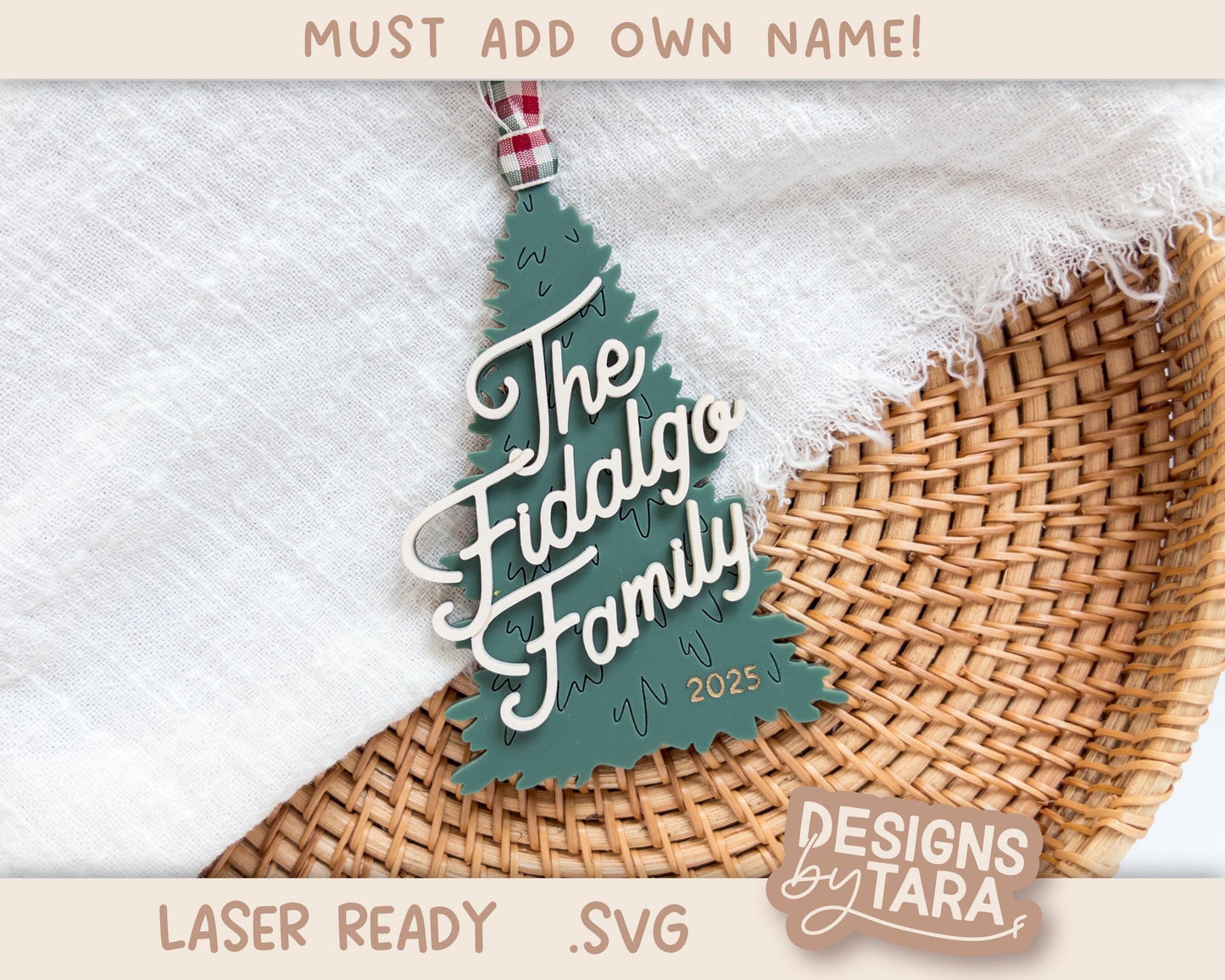 Family Christmas Tree Ornament SVG | Laser Cut Holiday Name Tag File | Glowforge xTool DIY Gift 2025 Digital File