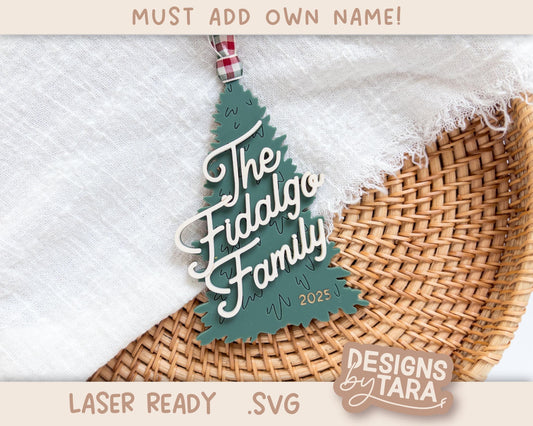 Family Christmas Tree Ornament SVG | Laser Cut Holiday Name Tag File | Glowforge xTool DIY Gift 2025 Digital File