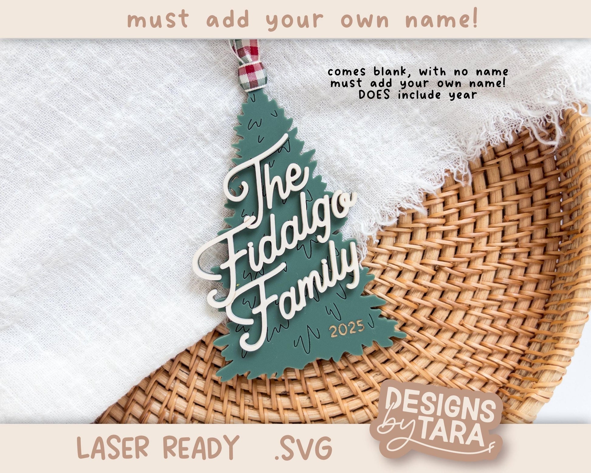 Family Christmas Tree Ornament SVG | Laser Cut Holiday Name Tag File | Glowforge xTool DIY Gift 2025 Digital File