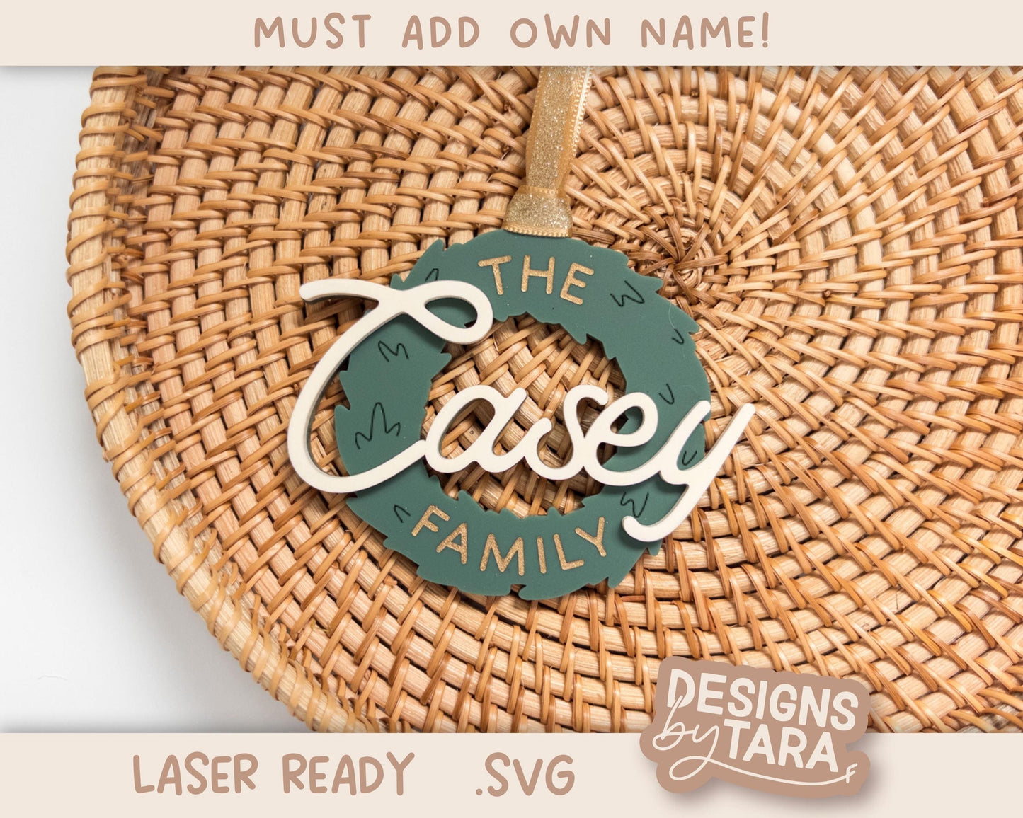 Family Wreath Christmas Ornament SVG | Laser Cut Holiday Name Tag File | Glowforge xTool DIY Gift 2025 Digital File