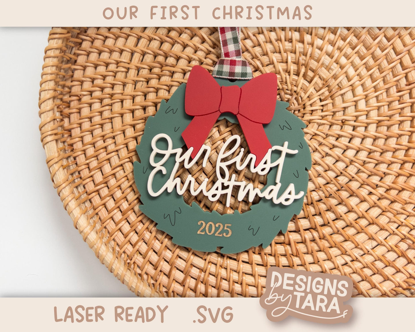 Our First Christmas Wreath Christmas Ornament SVG | Laser Cut Holiday Name Tag File | Glowforge xTool DIY Gift 2025 Digital File