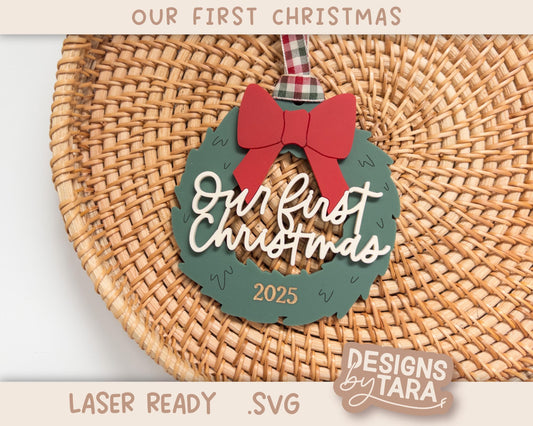 Our First Christmas Wreath Christmas Ornament SVG | Laser Cut Holiday Name Tag File | Glowforge xTool DIY Gift 2025 Digital File