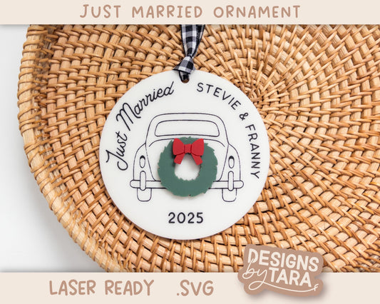 Just Married Car Christmas Ornament SVG | Laser Cut Holiday Name Tag File | Glowforge xTool DIY Gift 2025 Digital File