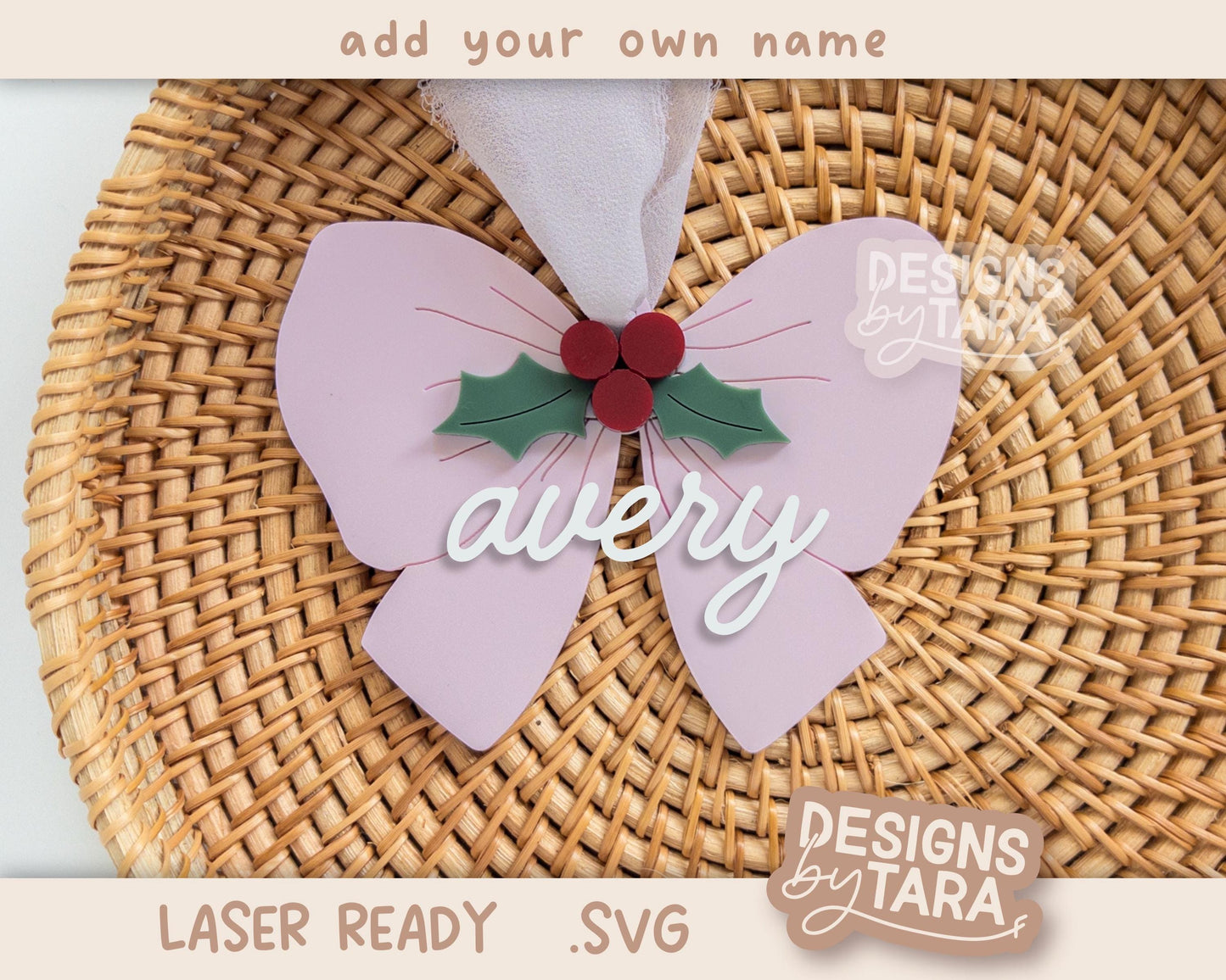 Bow Christmas Ornament SVG Girl | Holly Laser Cut Holiday Name Tag File | Glowforge xTool DIY Gift 2025 Digital File
