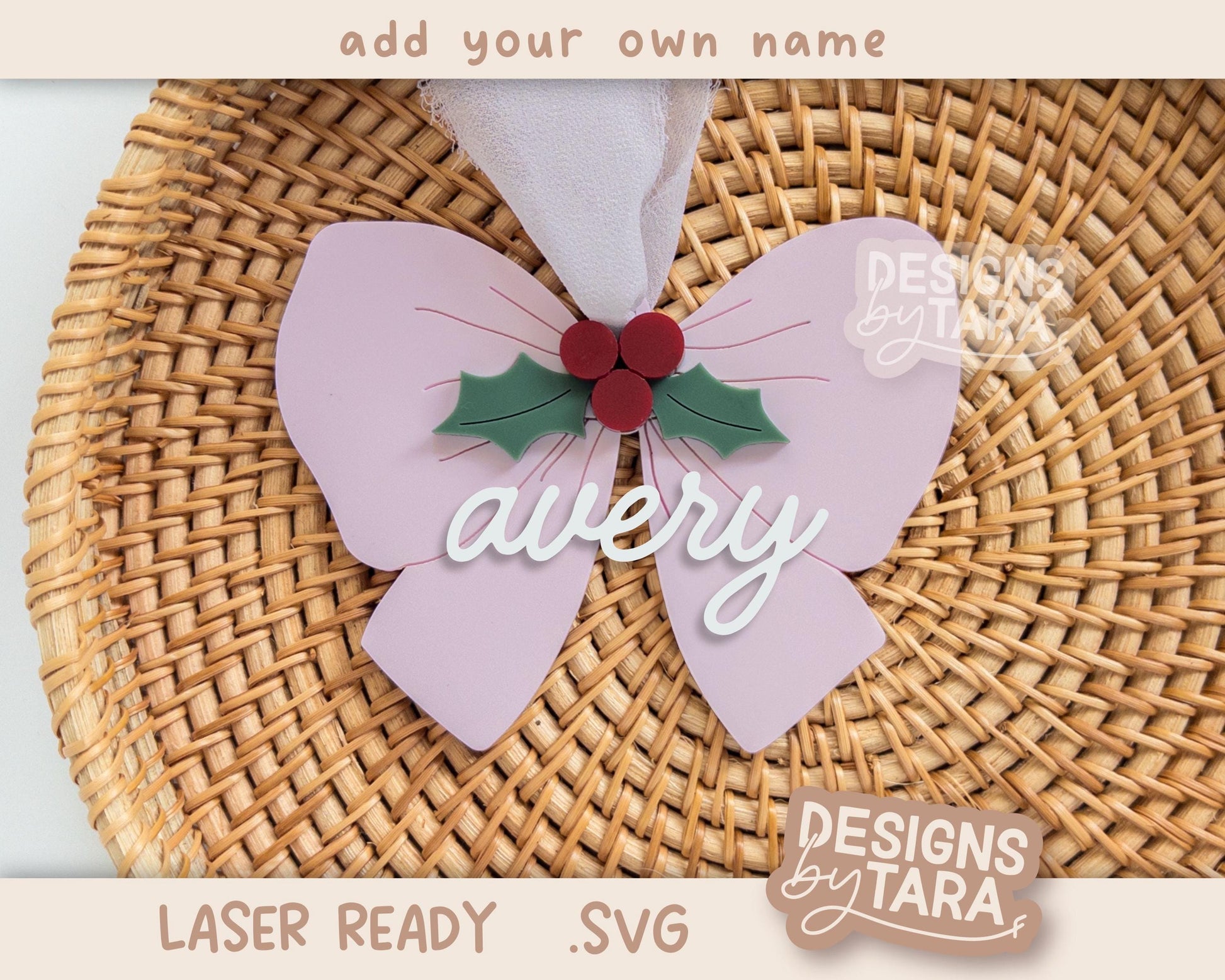 Bow Christmas Ornament SVG Girl | Holly Laser Cut Holiday Name Tag File | Glowforge xTool DIY Gift 2025 Digital File