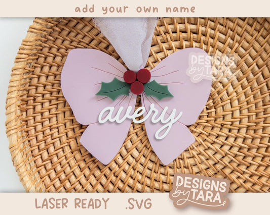 Bow Christmas Ornament SVG Girl | Holly Laser Cut Holiday Name Tag File | Glowforge xTool DIY Gift 2025 Digital File
