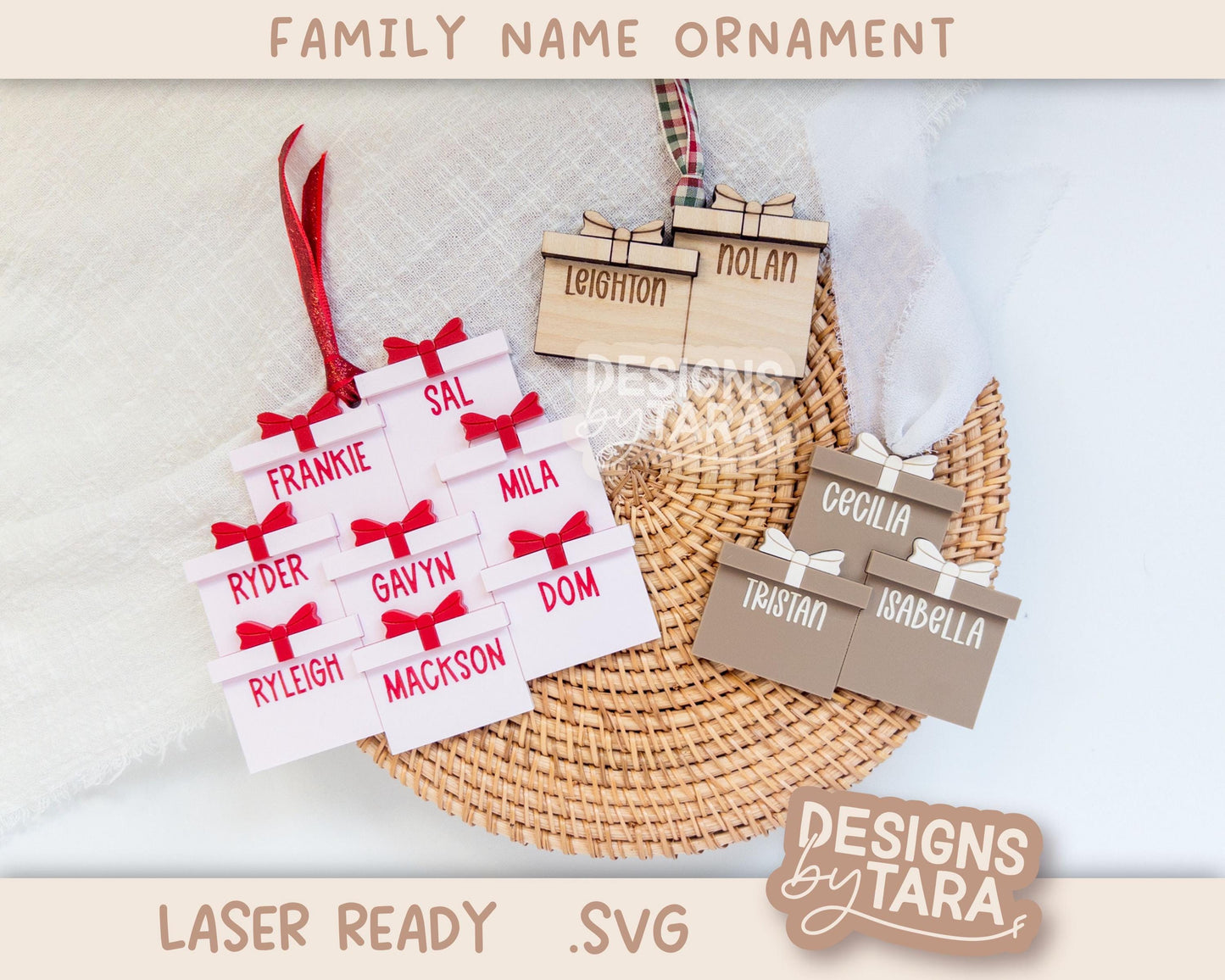 Family Christmas Present Ornament SVG | Laser Cut Holiday Name Tag File | Glowforge xTool DIY Gift 2025 Digital File