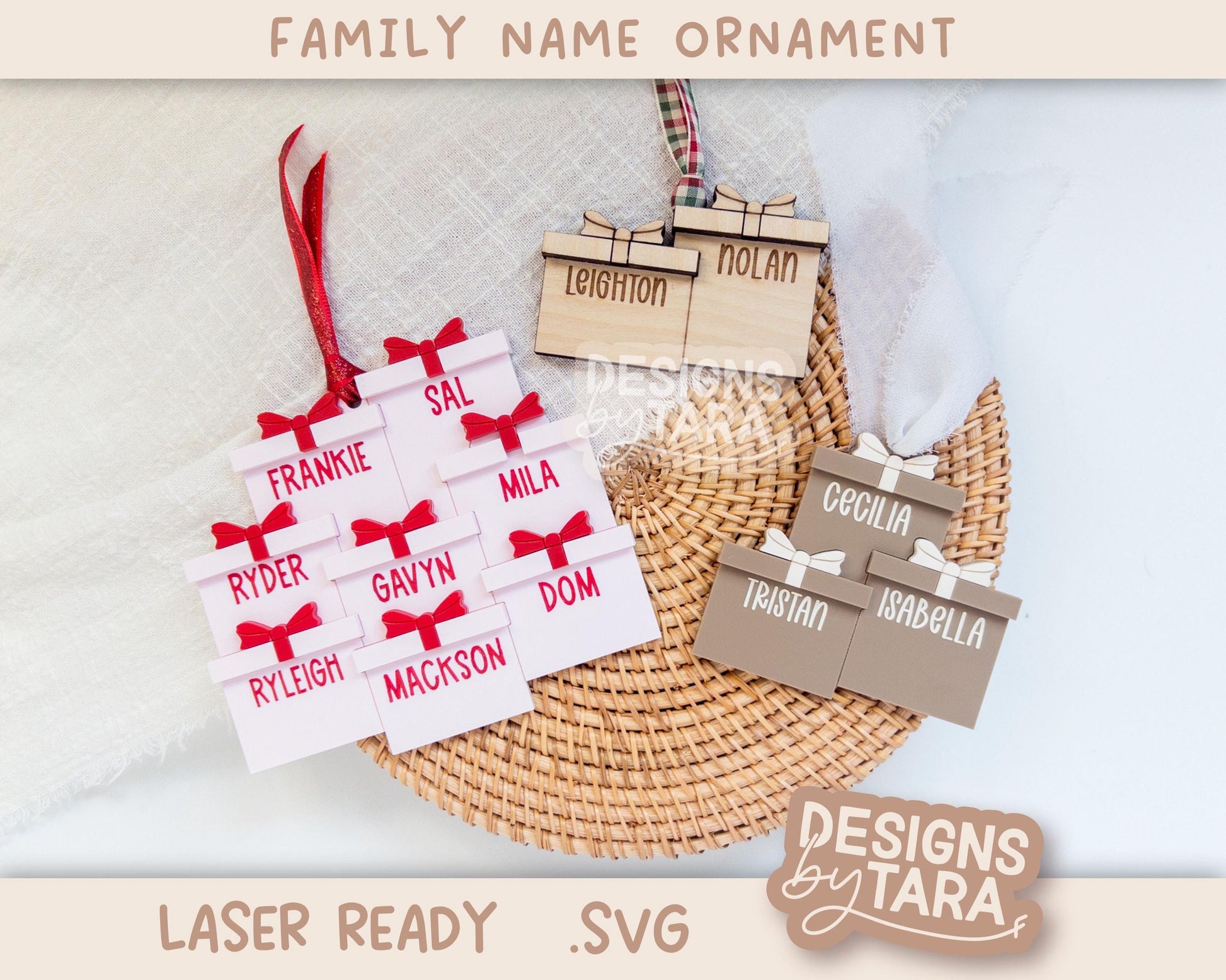Family Christmas Present Ornament SVG | Laser Cut Holiday Name Tag File | Glowforge xTool DIY Gift 2025 Digital File