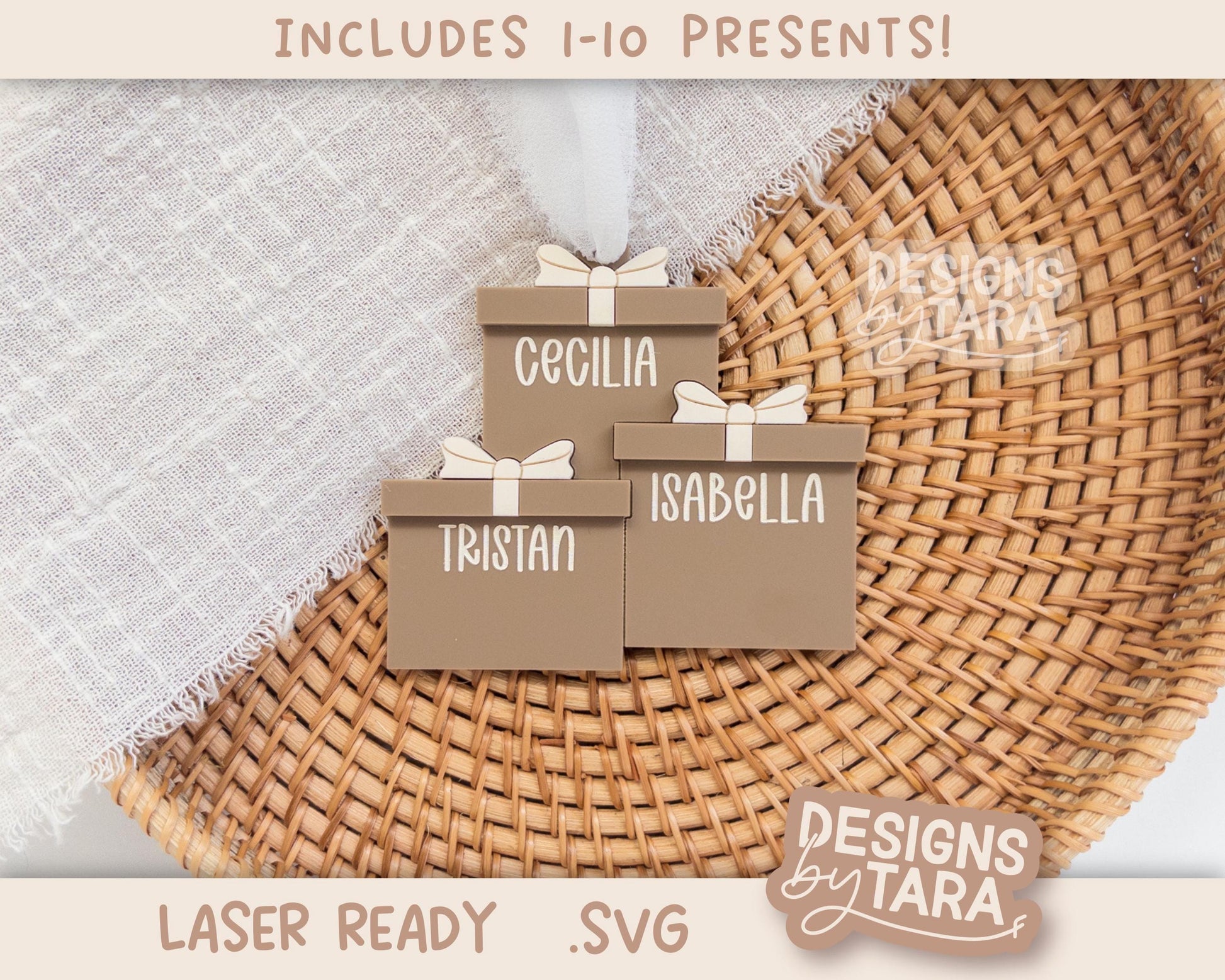 Family Christmas Present Ornament SVG | Laser Cut Holiday Name Tag File | Glowforge xTool DIY Gift 2025 Digital File