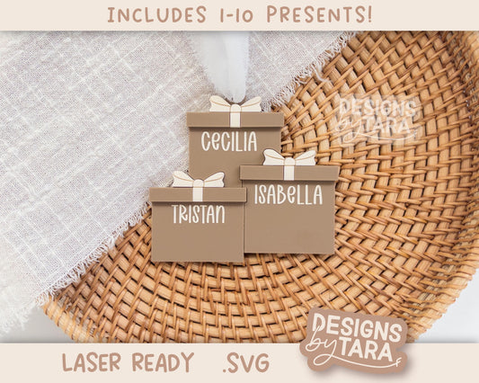 Family Christmas Present Ornament SVG | Laser Cut Holiday Name Tag File | Glowforge xTool DIY Gift 2025 Digital File