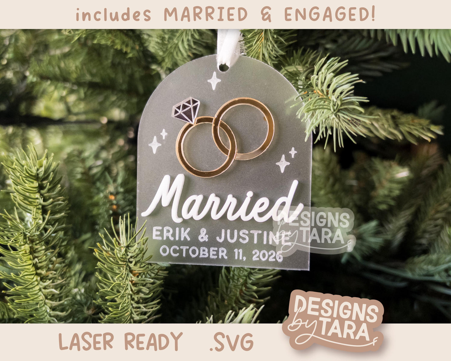 Engaged Married Christmas Ornament SVG | Laser Cut Holiday Name Tag File | Glowforge xTool DIY Gift 2025 Digital File