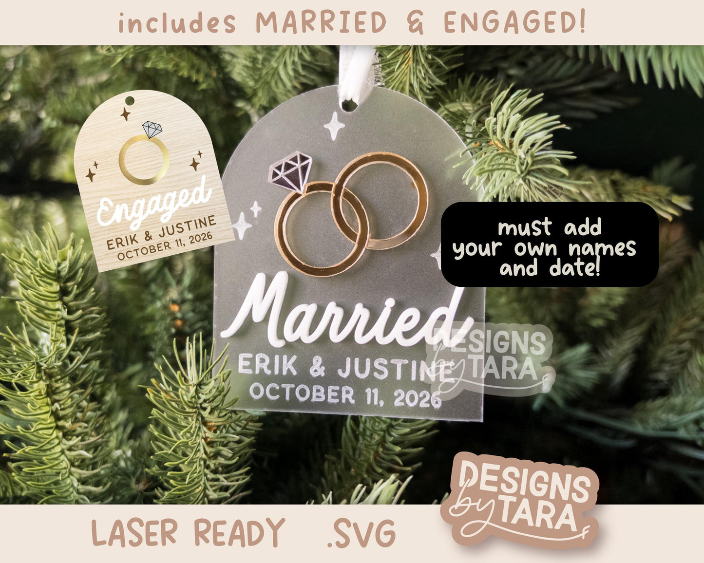 Engaged Married Christmas Ornament SVG | Laser Cut Holiday Name Tag File | Glowforge xTool DIY Gift 2025 Digital File