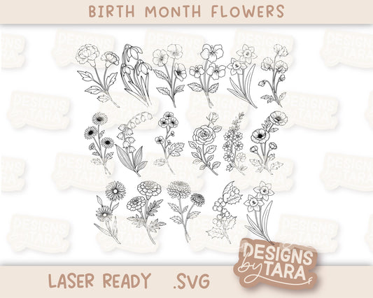 SVG Laser birth month flowers hand drawn mom mothers day floral sign, glowforge file, laser cut files, glowforge svg, laser file, svg file