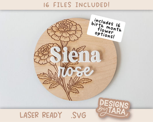 SVG Laser birth month flowers hand drawn newborn name floral sign, glowforge file, laser cut files, glowforge svg, laser file, svg file