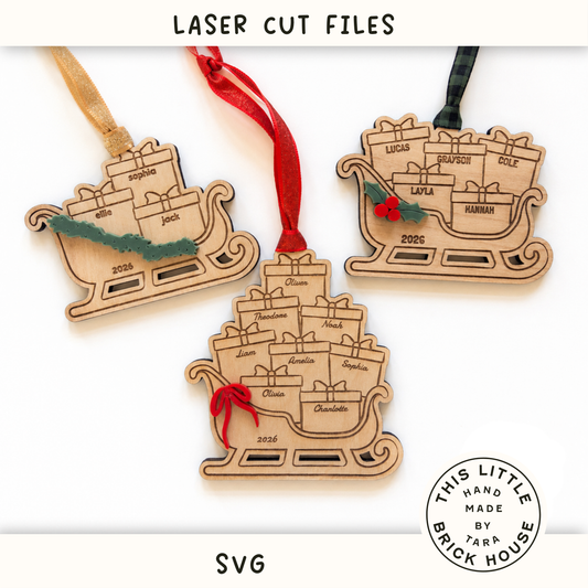 Family Christmas Presents in Sleigh Ornament SVG | Laser Cut Holiday Name Tag File | Glowforge xTool DIY Gift 2026 Digital File