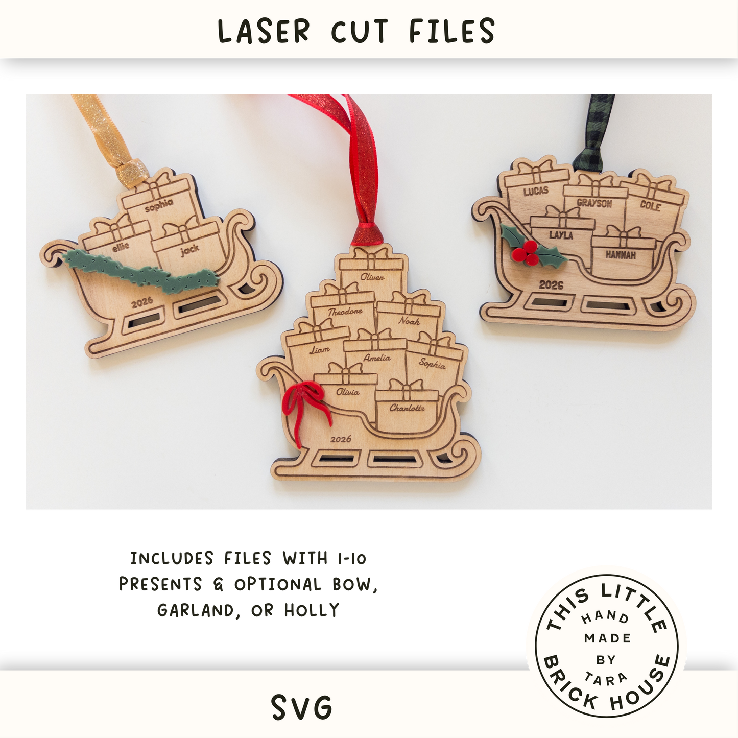 Family Christmas Presents in Sleigh Ornament SVG | Laser Cut Holiday Name Tag File | Glowforge xTool DIY Gift 2026 Digital File